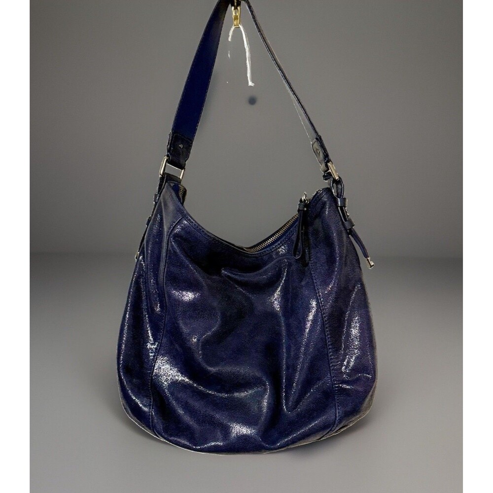VTG Cole Haan Blue Crackle Patent Leather Slouchy Hobo Handbag Silver/ Gold Zip